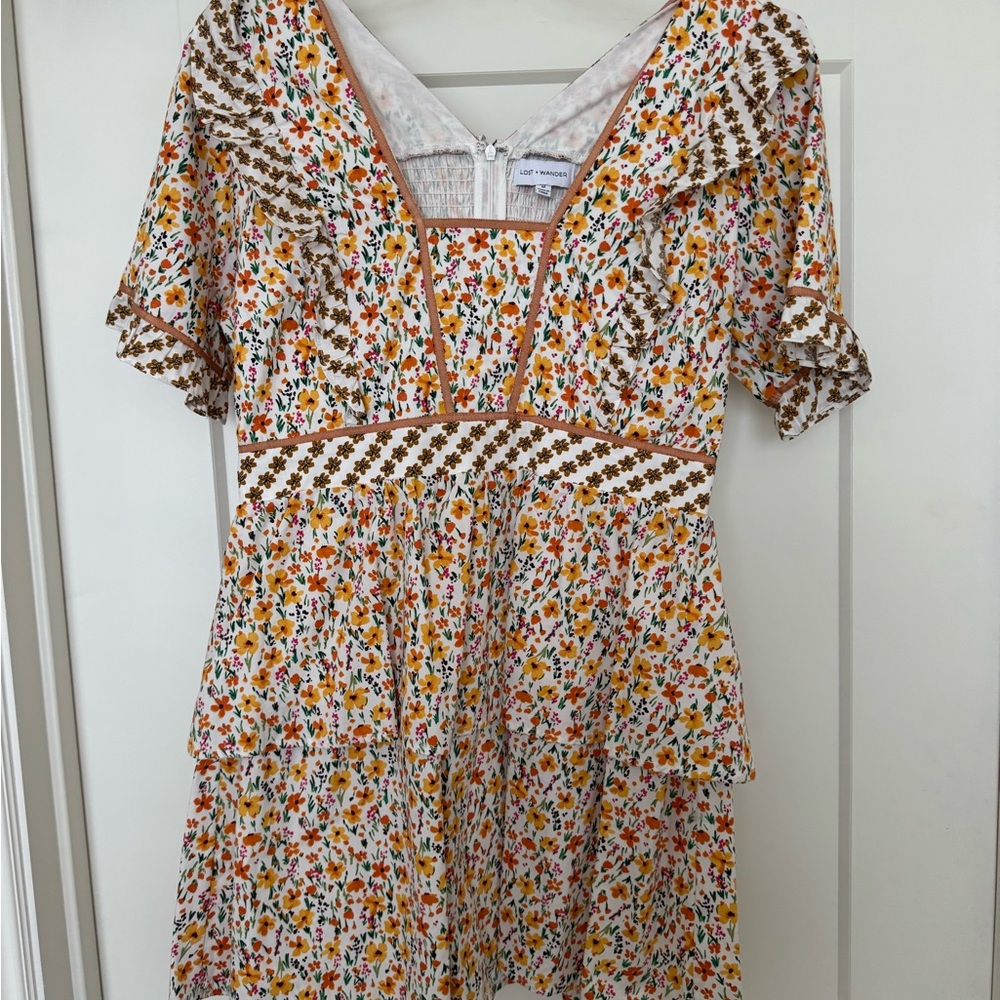 Lost + Wander Orange and Yellow Ruched Tiered Sundress